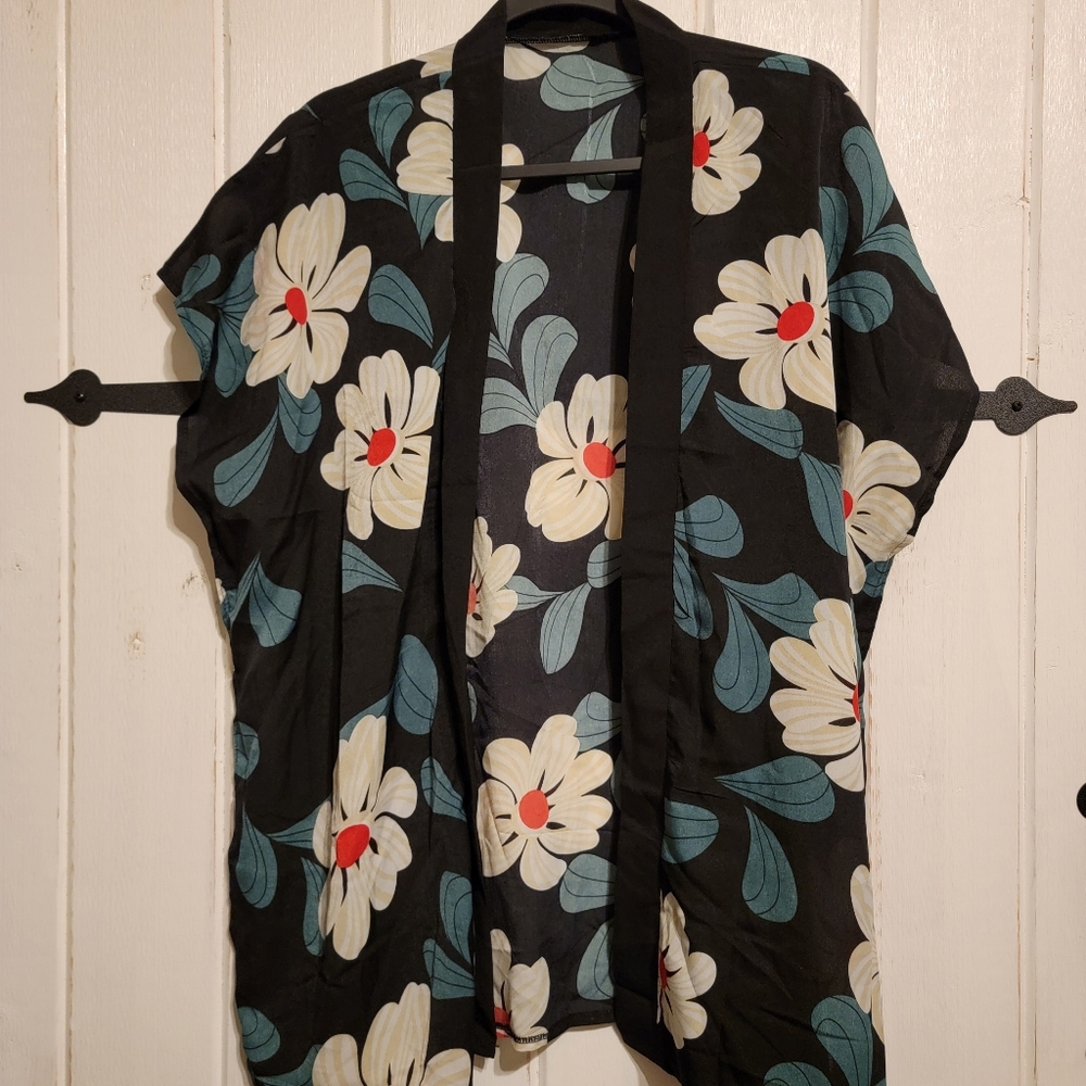 Womens Coverup Floral Black Kimono One Size